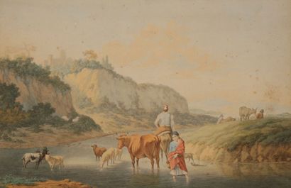 Gérard Johannes VERBURGH (1775-1864) 
Bergers et animaux dans un paysage
Aquarelle.
(Rousseurs).
25...