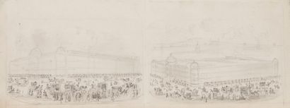 Gustave FRAIPONT (1849-1923) 
Deux vues animées du Bon Marché sur la même feuille
Crayon...