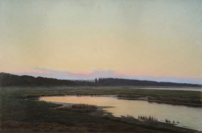Albert Edward WANG (1864-1930) 
Paysage au coucher de soleil
Pastel.
(Petite taches).
Ancienne...