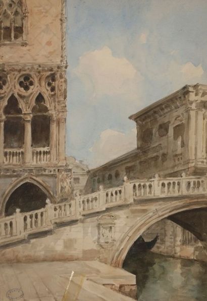 Amédée ROSIER (1831-1898) 
Pont à Venise
Aquarelle.
Porte le timbre de la vente de...