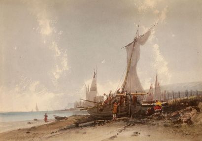 F. FRANTZ (XIXe siècle) 
Barques à sec, région de Dieppe, vers 1830
Aquarelle et...