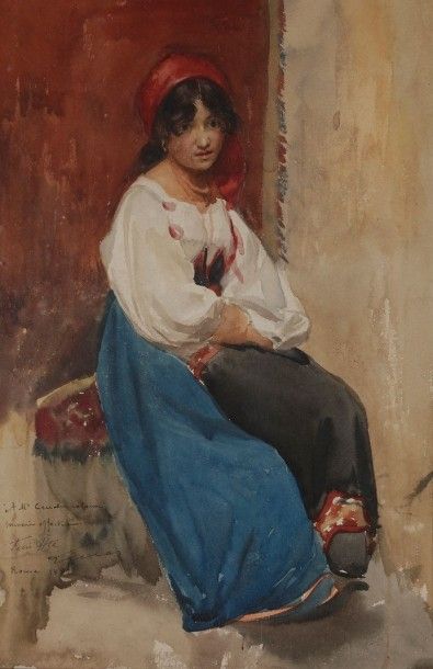 Hippolyte LUCAS (1854-1925) 
Femme au fichu rouge, 1882
Aquarelle.
Signée, datée...