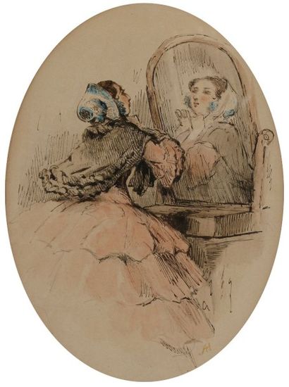 Alphonse HIRSCH (1843-1884) 
Élégantes au miroir
2 aquarelles ovales.
Monogrammées...