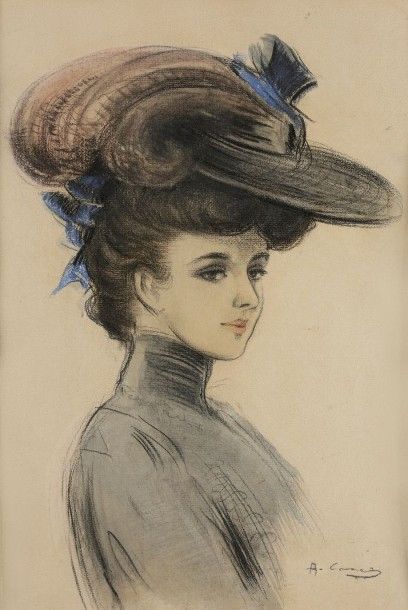 Ramon CASAS Y CARBO (1866-1932) 
Portrait de femme au chapeau
Dessin, aquarelle et...