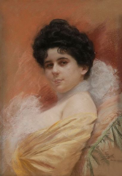 Edmundo PIZZELLA (1868-1941) 
Portrait de femme de trois-quarts, 1902
Pastel sur...