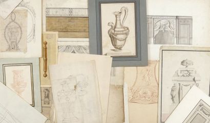null Un ensemble de 29 dessins: mobiliers, monuments, vases, ornements.
Crayon, encre,...