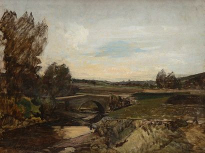 Henri Joseph HARPIGNIES (1819-1916) Paysage au pont
Huile sur papier contrecollée...