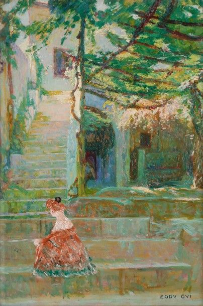 Octave GUILLONNET (1872-1967) Femme dans l’escalier
Huile sur panneau.
Signée « EODV...