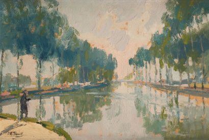 Elie-Anatole PAVIL (1873-1944) Pêcheur sur le Canal de L’Ourq
Huile sur panneau.
Signée...