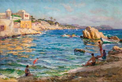 Adolphe Louis GAUSSEN (1871-1954) Marseille, baigneurs sur la corniche Huile sur...