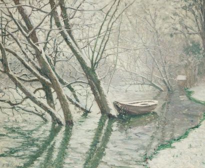 Raymond THIBESART (1874-1963) Barque en rivière sous la neige, 1917
Huile sur toile.
Signée...