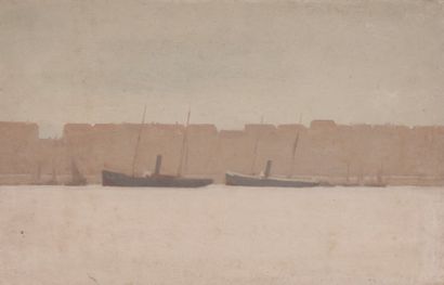 Charles LACOSTE (1870-1959) Bordeaux, bateaux sur la Garonne, 1895
Huile sur papier.
Datée...