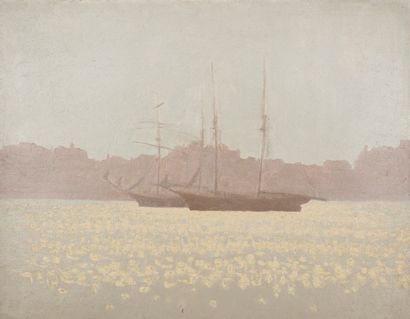 Charles LACOSTE (1870-1959) Bordeaux, bateaux sur le Garonne, 1895
Huile sur papier.
Datée...