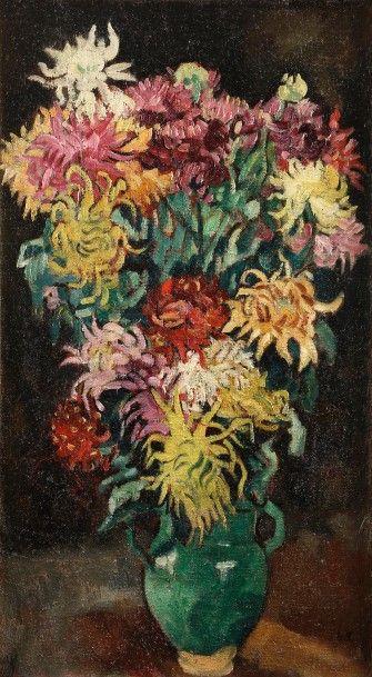 Louis VALTAT (1869-1952) Dahlias à la cruche verte
Huile sur toile.
Porte le timbre...