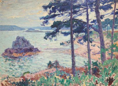 Paul MADELINE (1863-1920) Le Trieux, pins en bord de mer
Huile sur toile.
Signée...