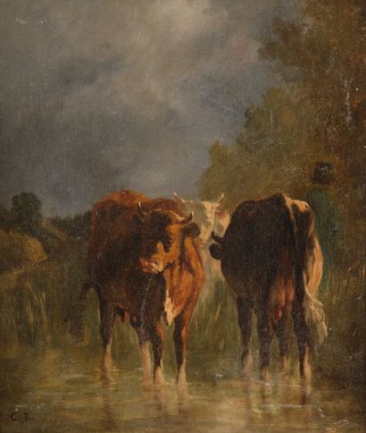 Constant TROYON (1810-1865) Les Vaches
Huile sur toile.
Monogrammée en bas à gauche.
(Accidents...