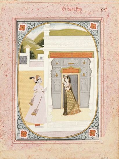 null Krishna rend visite à une jeune femme devant le pavillon d’un palais, Haut Pendjab,...