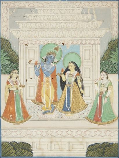 null Krishna et Radha devant un temple, Rajasthan, Jaipur, XIXe siècle
Gouache sur...