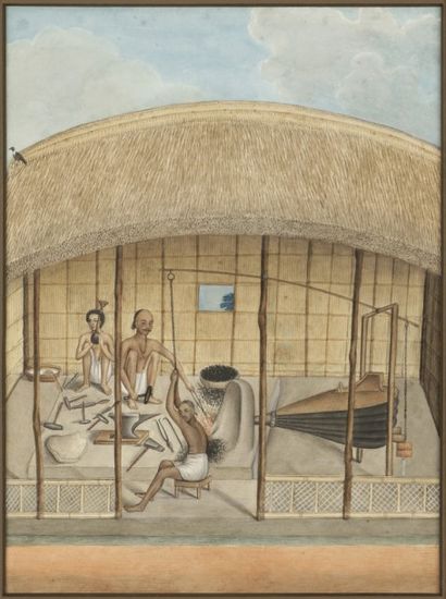 null La forge, Bengale, Inde du nord, XIXe siècle
Gouache sur page cartonnée. Des...