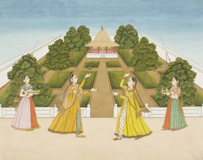null Scène de jardin, Inde style moghol
Gouache sur papier. Deux jeunes femmes dansent...