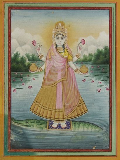 null La déesse Gangâ, Inde, XIXe siècle
Petite miniature sur page cartonnée représentant...