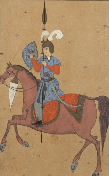 null Guerrier à cheval passant à gauche, Iran, XXe siècle
Gouache sur papier présentant...
