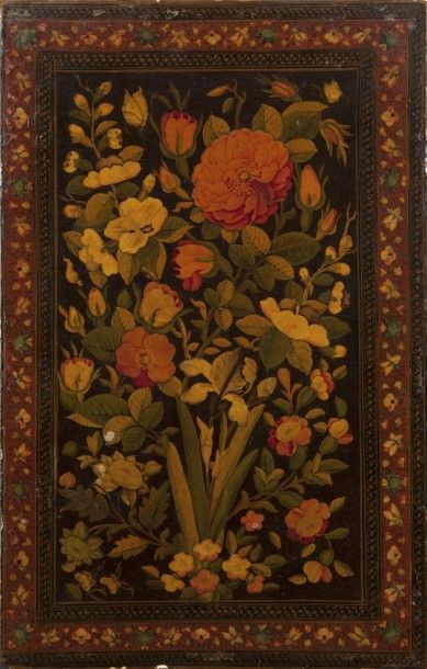 null Plat de reliure, Iran qâjar, XIXe siècle 
En papier mâché peint en polychromie...