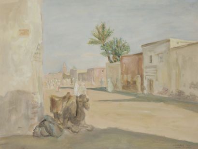 Emile-François-Jacques COMPARD (1900-1977) 
Rue animée à Marrakech, 1935
Aquarelle.
Signée,...