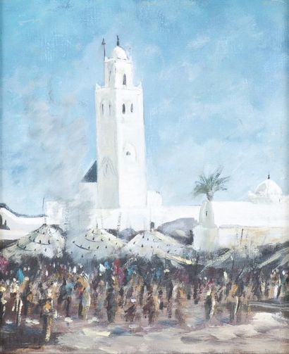 Ecole Orientaliste Scènes de marché au bas d’une mosquée
Gouache sur toile contrecollée...