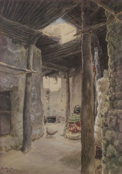 Jules Louis BERTEAULT (XIXe-XXe siècle) 
intérieur de ferme orientale, 1913
Dessin...