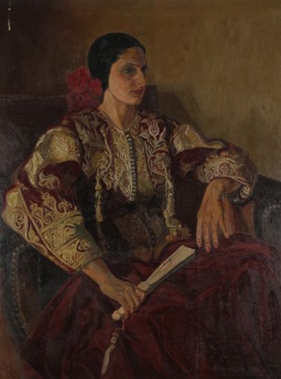 Eva HADDOU (XIXe-XXe siècle) 
Autoportrait en algérienne
Huile sur toile.
Signée...