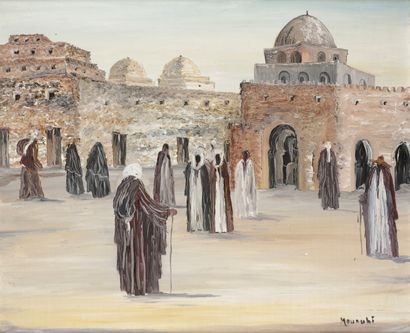 Akila MOUHOUBI (né en 1953) 
La Mosquée
Huile sur toile.
Signée en bas à droite.
60...