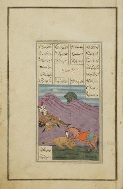 null Trois pages de Shahnameh, Iran, vers 1920
Gouaches sur papier illustrant des...