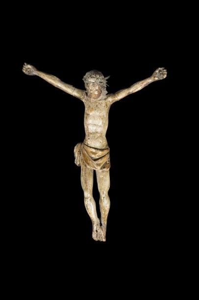 null Christ en bois sculpté et polychromé, tête ceinte d’une couronne d’épines, périzonium...