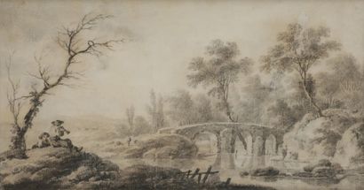 null École de Jean PILLEMENT (Lyon 1728 - 1808).
Une paire de paysages fluviaux .
Crayon...