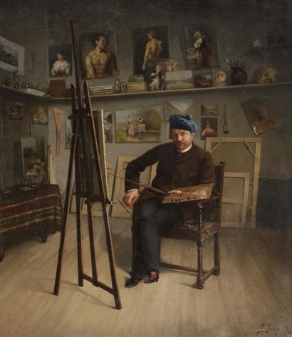 null Jules JOLY .
(Amiens 1820-?).
L’artiste dans son atelier.
Sur sa toile d’origine.
54,5...