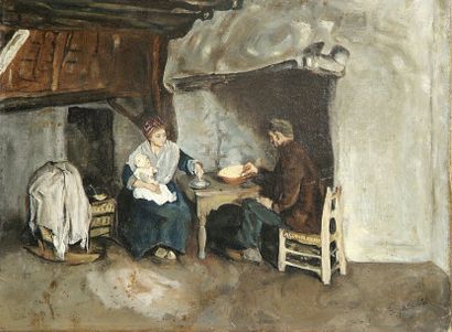 S. JACOBS (Actif ver 1900) Le souper. Sur sa toile d'origine. 28,5 x 38,5 cm. Signé...