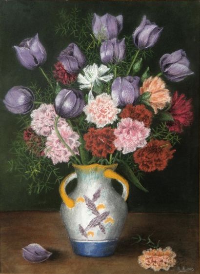 Ecole ESPAGNOLE vers 1900 Vase aux oeillets. Pastel. 49 x 36 cm. Traces de signature...