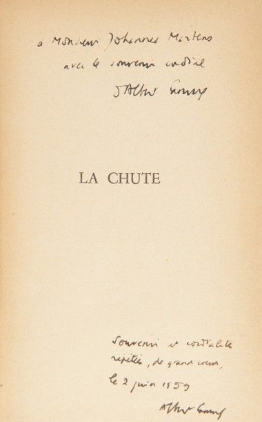 CAMUS (Albert). La Chute.
Paris : Gallimard, (1956). — In-16, 178 x 115 : 169 pp.,...