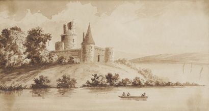 null 7845/105 École FRANÇAISE du XIXe siècle 
Pêcheurs en barque près d'un château...