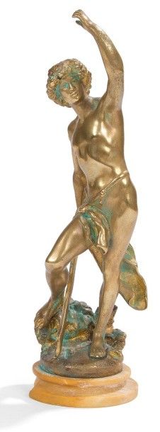 null Figure de David en bronze verni, reposant sur une base circulaire en marbre...