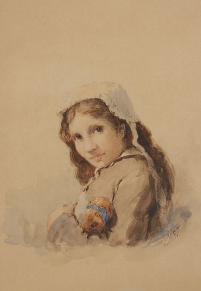 William Henry LIPPINCOTT (1849-1920) 
Fillette à la poupée, 1875
Aquarelle.
Signée...