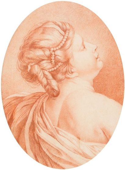 École FRANÇAISE du XIXe siècle, 
Portrait d'une jeune femme à la coiffure aux perles
Sanguine.
30,5...
