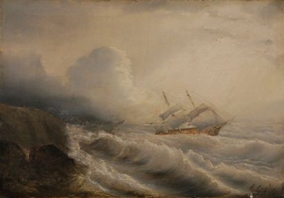 Théodore GUDIN (1802-1880) 
Bateaux dans la tempête
Huile sur panneau.
Signée en...