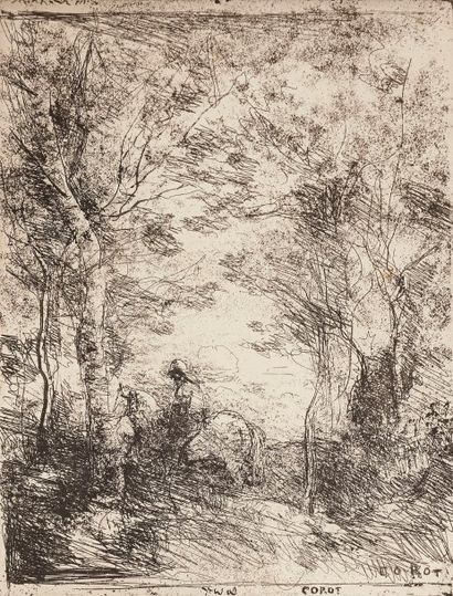 Jean-Baptiste-Camille Corot (1796-1875) Le Petit cavalier sous bois. Cliché-verre....