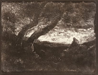 Jean-Baptiste-Camille Corot (1796-1875) Le Songeur. Cliché-verre. 210 x 160. Delteil...