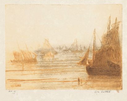 Charles Cottet (1863-1925) Barques le soir. Eau-forte. 179 x 130. Morane 9. Impression...