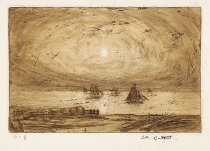 Charles Cottet (1863-1925) Barques vues de la côte, soleil couchant. Pointe sèche....