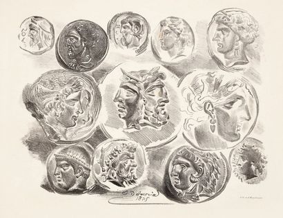 Eugène Delacroix (1798-1863) Feuille de douze médailles antiques. 1825. Lithographie....