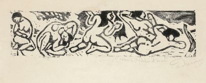 André DERAIN (1880-1954) Frise, cinq personnages assis. Vers 1906. Bois gravé. 320 x 75....